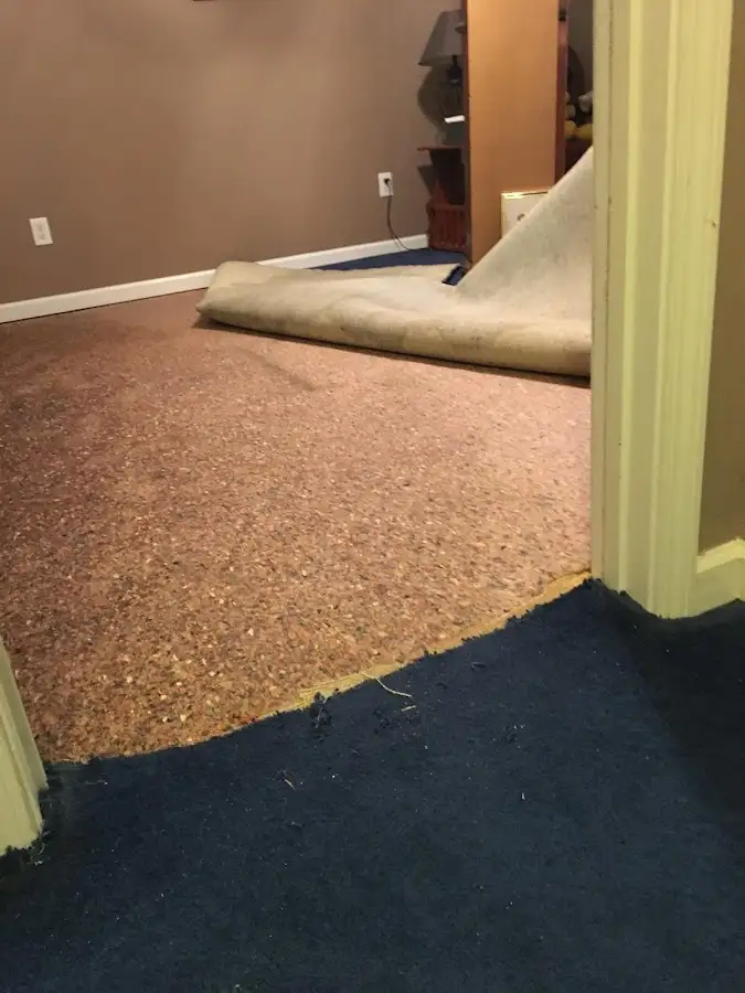 Carpet pad removal revealing water damage during Water Mitigation Services in Crestwood